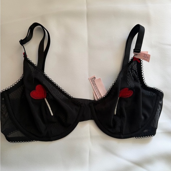 Victoria’s Secret Red Heart Lollipop Unlined Demi Bra Black Sheer Mesh 32DD NWT - Picture 2 of 6